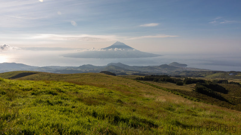 Blick von der Caldeira auf Faial hinüber zur Insel Pico.